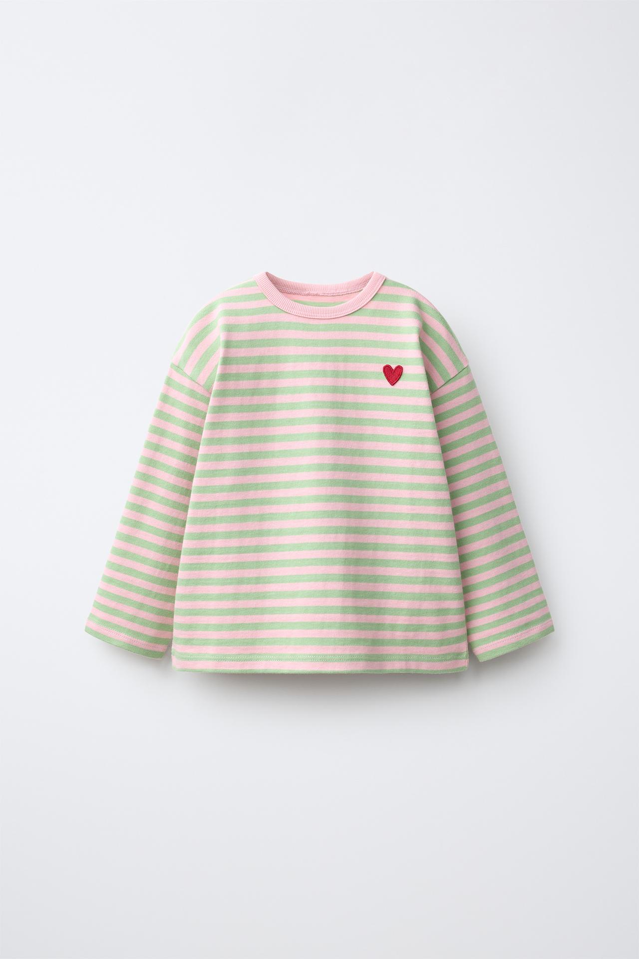 EMBROIDERED HEART STRIPED T-SHIRT — Mid-green