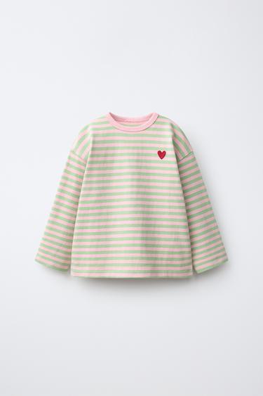 STRIPED HEART EMBROIDERY T-SHIRT - Mid-green by Zara