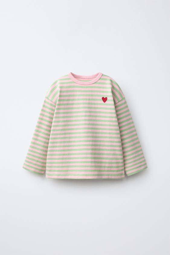 STRIPED HEART EMBROIDERY T-SHIRT - Mid-green by Zara - Image 0
