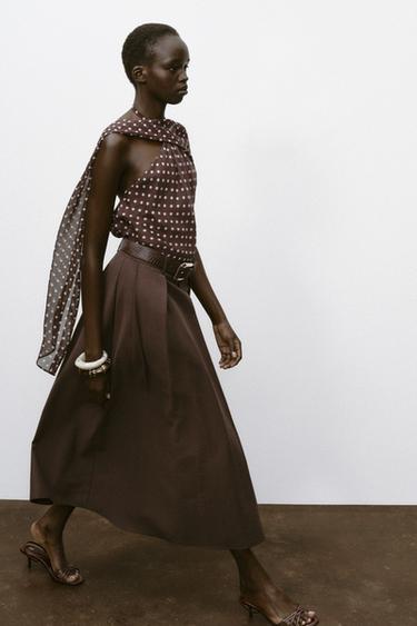 Zara BELTED MIDI A-LINE SKIRT - Brown