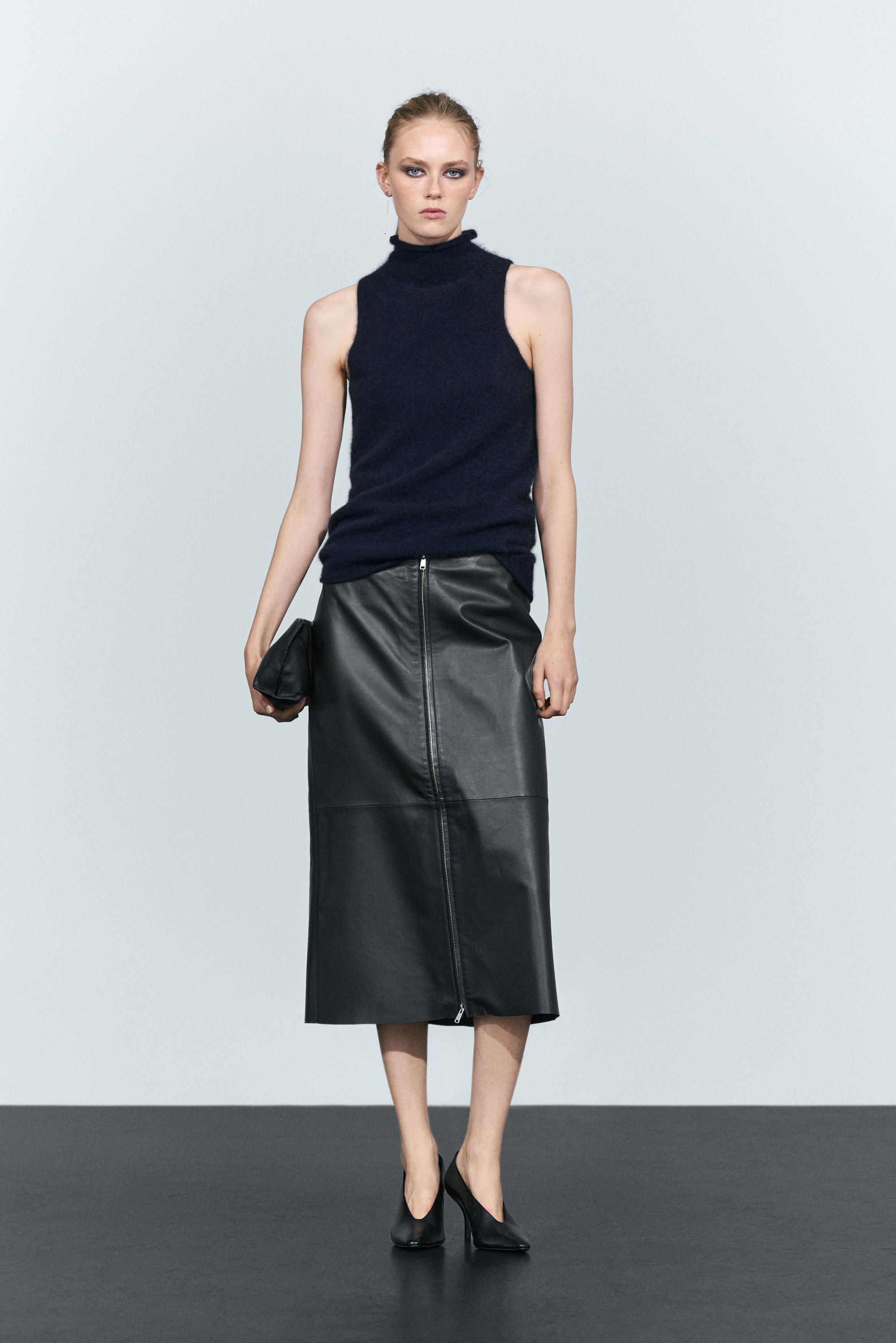 Nappa leather zip-front midi skirt