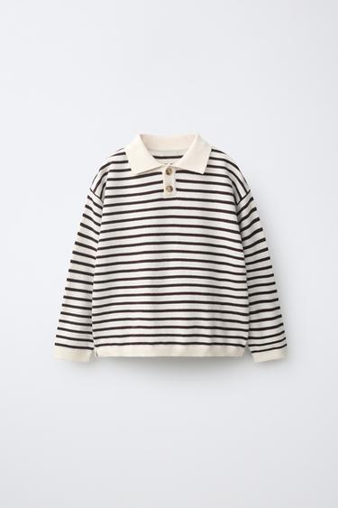 STRIPED KNIT POLO SHIRT - Ecru / Brown by Zara