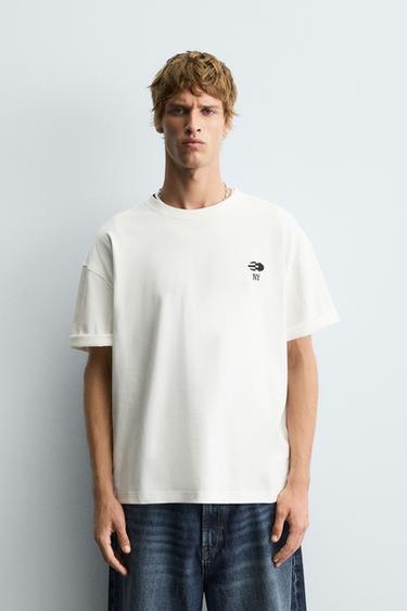 Zara PATCHED T-SHIRT - Oyster-white