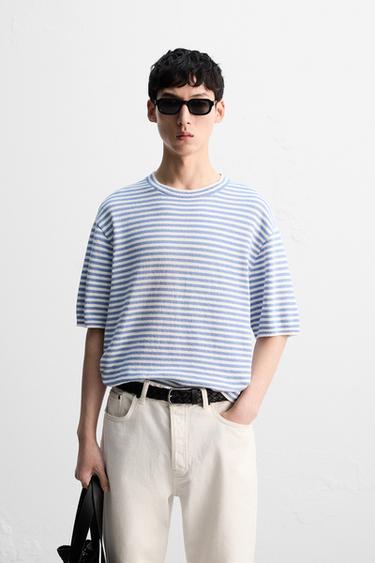 STRIPED TEXTURED KNIT T-SHIRT - Blue/White by Zara