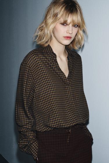 ZW COLLECTION GINGHAM BLOUSE - Black / Brown by Zara