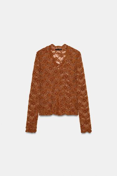 LACE BUTTON-UP TOP - Taupe by Zara