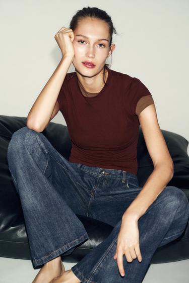 Zara SLIM FIT SHORT SLEEVE T-SHIRT - Burgundy