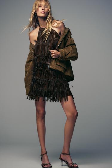 SHIMMERING FAUX SUEDE FRINGED SKIRT - Brown by Zara
