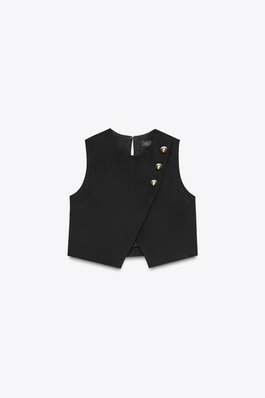 GOLD BUTTON CROSSOVER TOP - Black by Zara