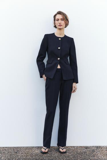 クルーネックフィットブレザーネイビーブルーZaraのクルーネックフィットブレザー - ネイビーブルー 