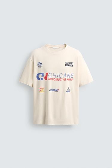 T-SHIRT LAVADA COM GRÁFICOS - Branco-marfim da Zara