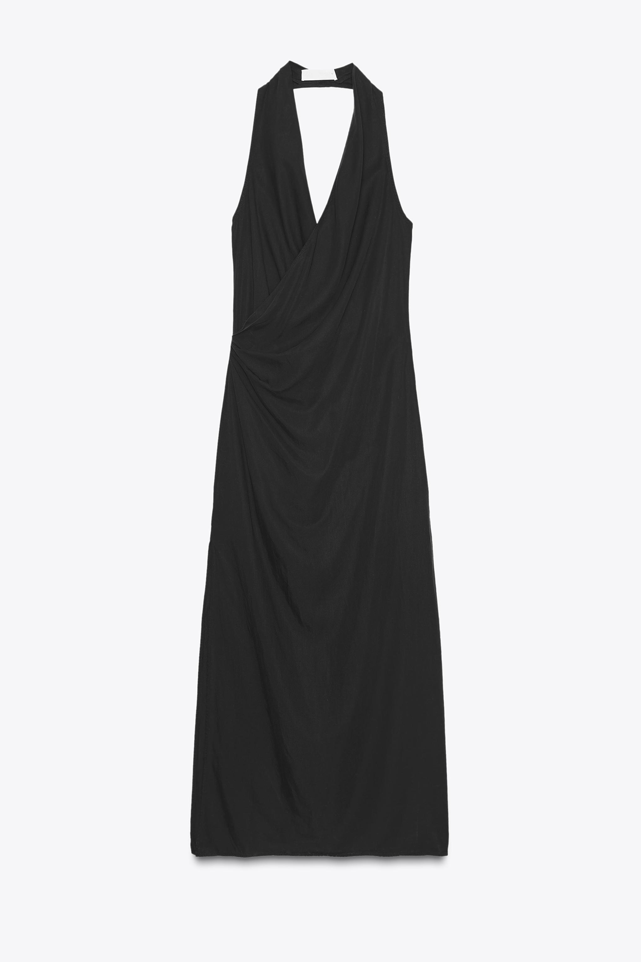 ZARA フルイドホルターネックミディ丈ワンピース 2180/311 ドレープ入りフルイドミディ丈ワンピース - ブラック | ZARA