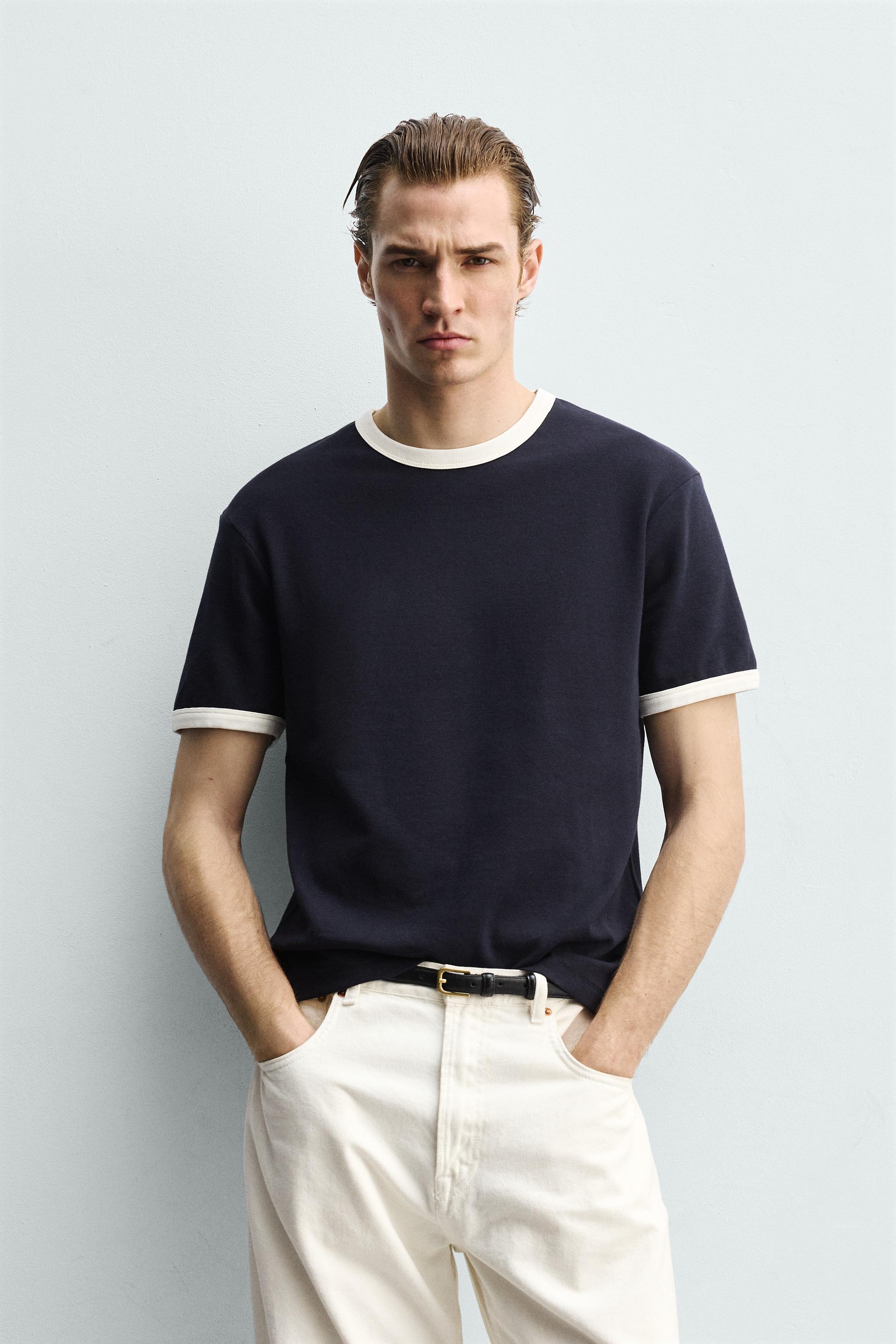RINGER BASIC CONTRAST RIB T-SHIRT — Navy blue