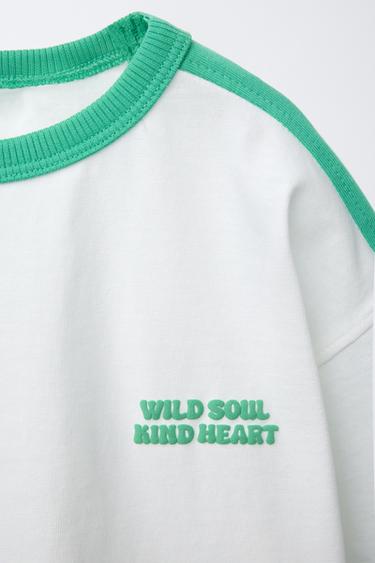 RAISED SLOGAN PRINT T-SHIRT - White / Green by Zara - Image 2