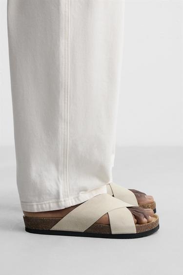 CROSS-STRAP LEATHER SANDALS - Ecru White by Zara - Image 0