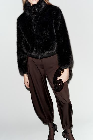 Zara FAUX FUR HIGH-NECK SHORT COAT - Black