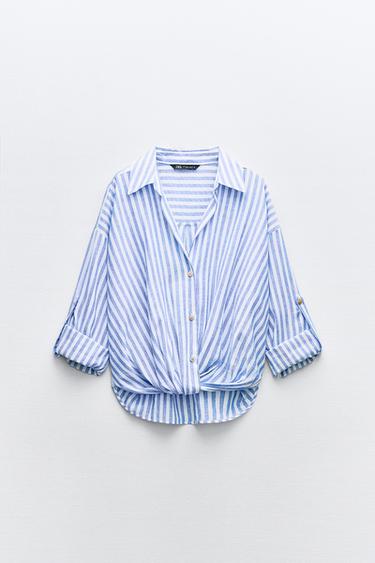 リネンブレンド ノットストライプシャツ青色/白色2Zaraのリネンブレンド ノットストライプシャツ - 青色/白色 - 画像 2