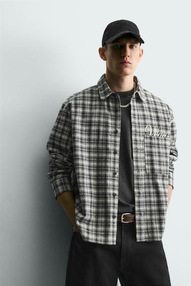 EMBROIDERED CHECK FLANNEL SHIRT - Black / White by Zara - Image 4