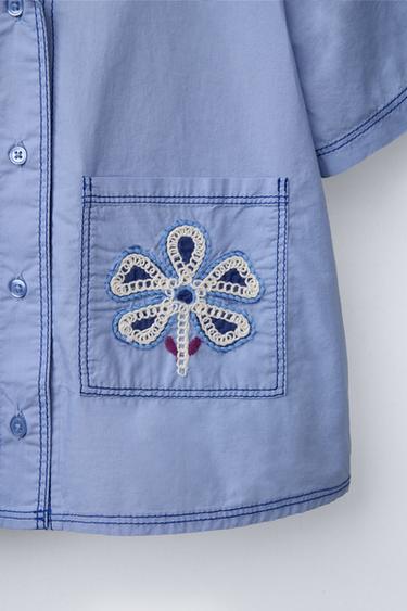 SHIRT WITH EMBROIDERED FLOWER - Mid-blue by Zara - Image 2