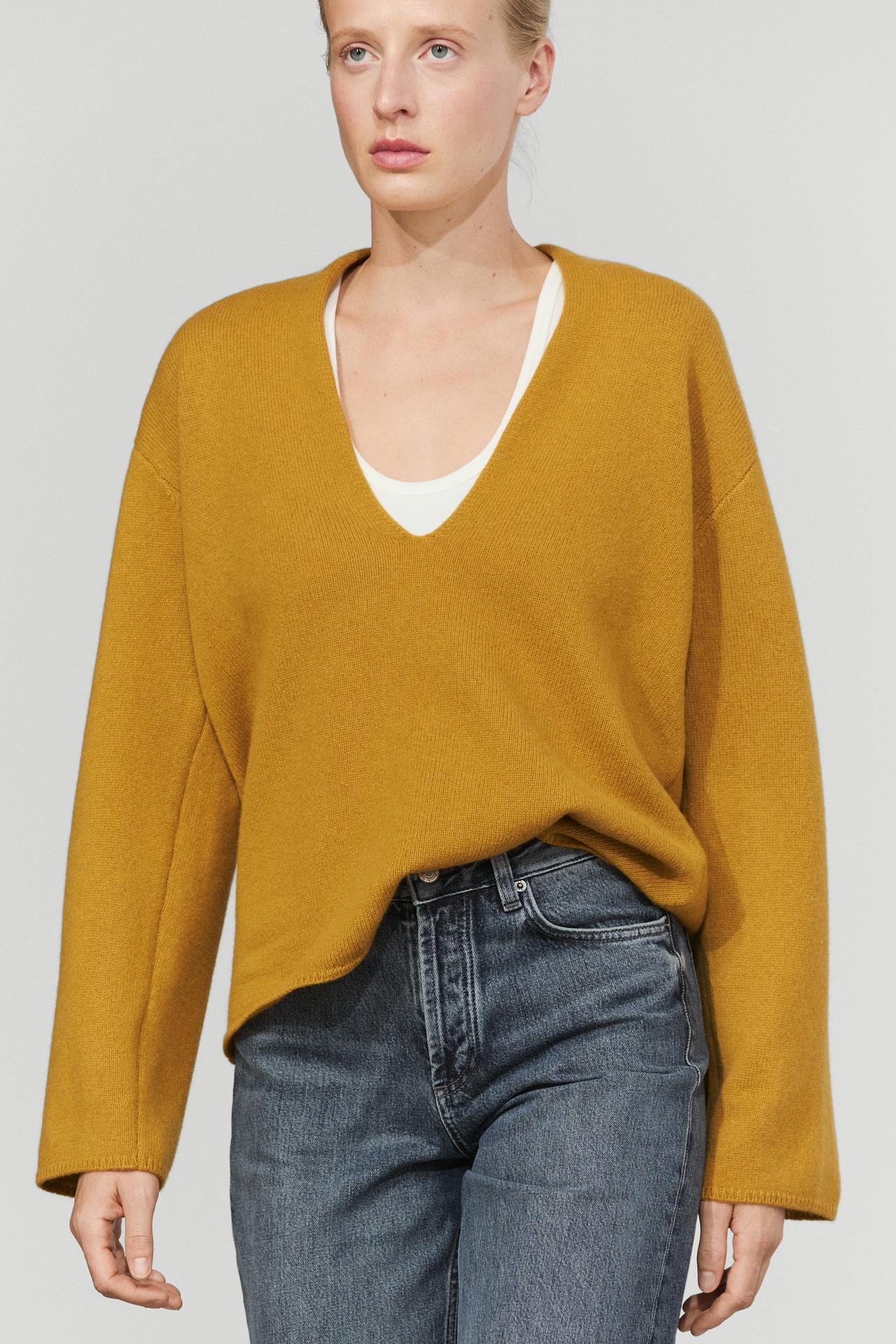 Long-line knit sweater with neckline detail — Mustard