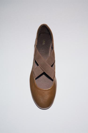LEATHER BALLERINA SHOES WITH ELASTICATED CROSSOVER STRAPS - Zara-ს Chocolate Brown