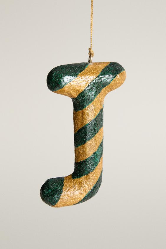 J LETTER CHRISTMAS TREE STRIPED ORNAMENT - Green by Zara - Image 0