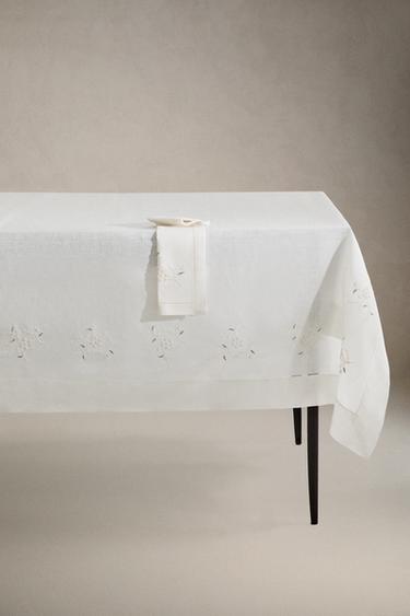 Zaras JULDUK I LINNE MED BRODERADE BLOMMOR - Naturfärg