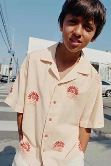 LINEN BLEND EMBROIDERED SUN SHIRT - Orange by Zara