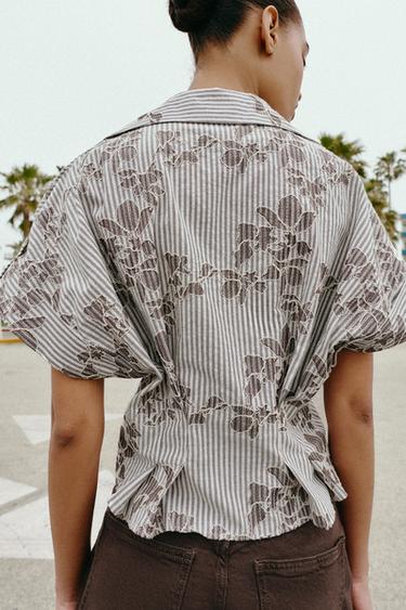 EMBROIDERED SEQUIN SHORT SHIRT - Brown / Ecru by Zara