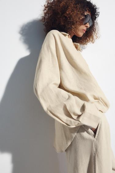 PANTALÓN BARREL CON LINO - Beige claro de Zara
