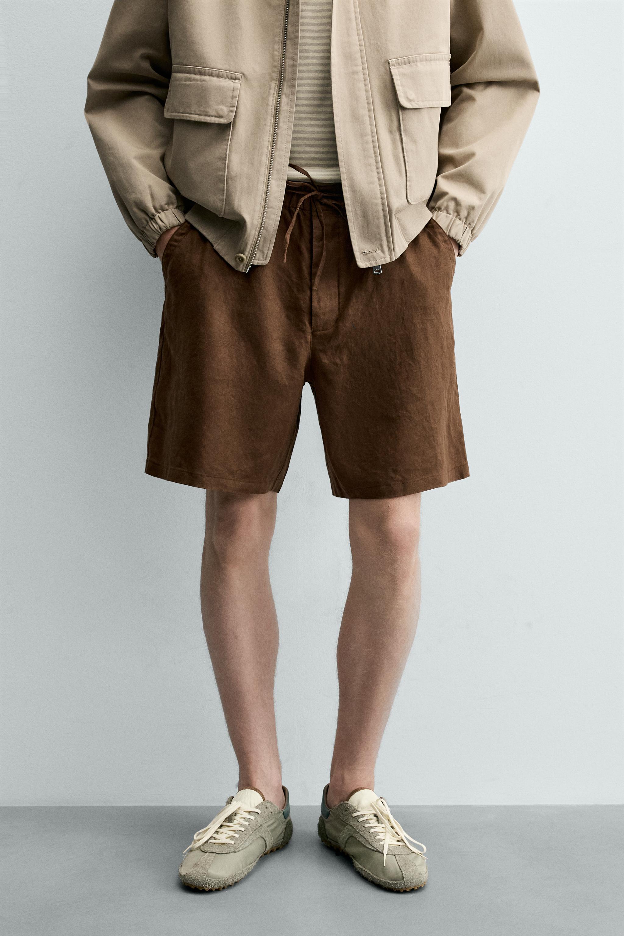 100% LINEN RELAXED FIT SHORTS — Brown