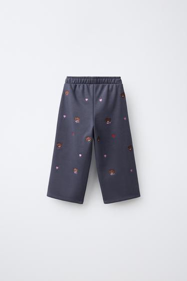 Zara WIDE LEG EMBROIDERED BEAR PLUSH PANTS - Navy blue