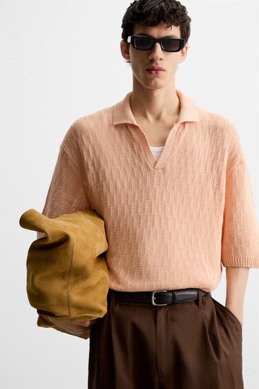 OPEN KNIT POLO SHIRT - Apricot by Zara