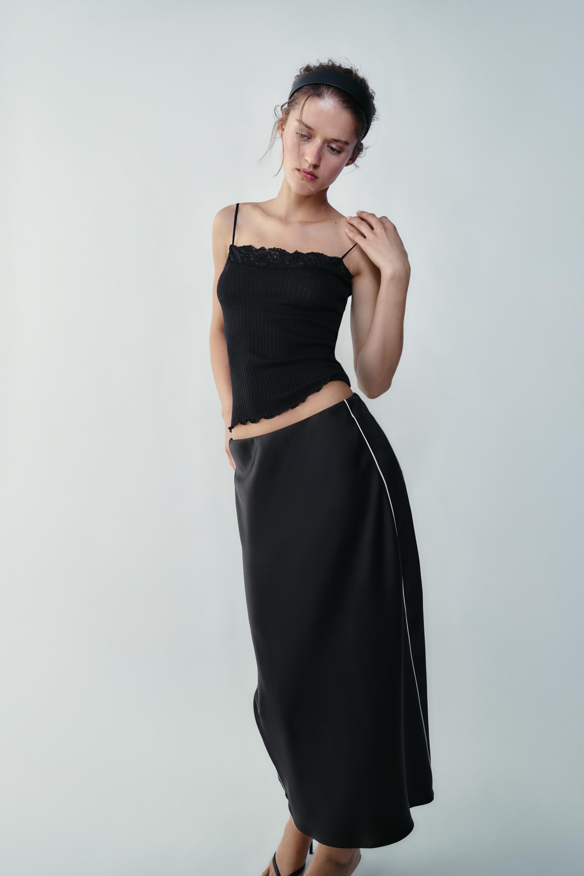 CONTRAST PIPING SATIN MIDI SKIRT — Black