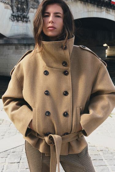 HIGH-NECK BELTED SHORT COAT — taupe brown 1