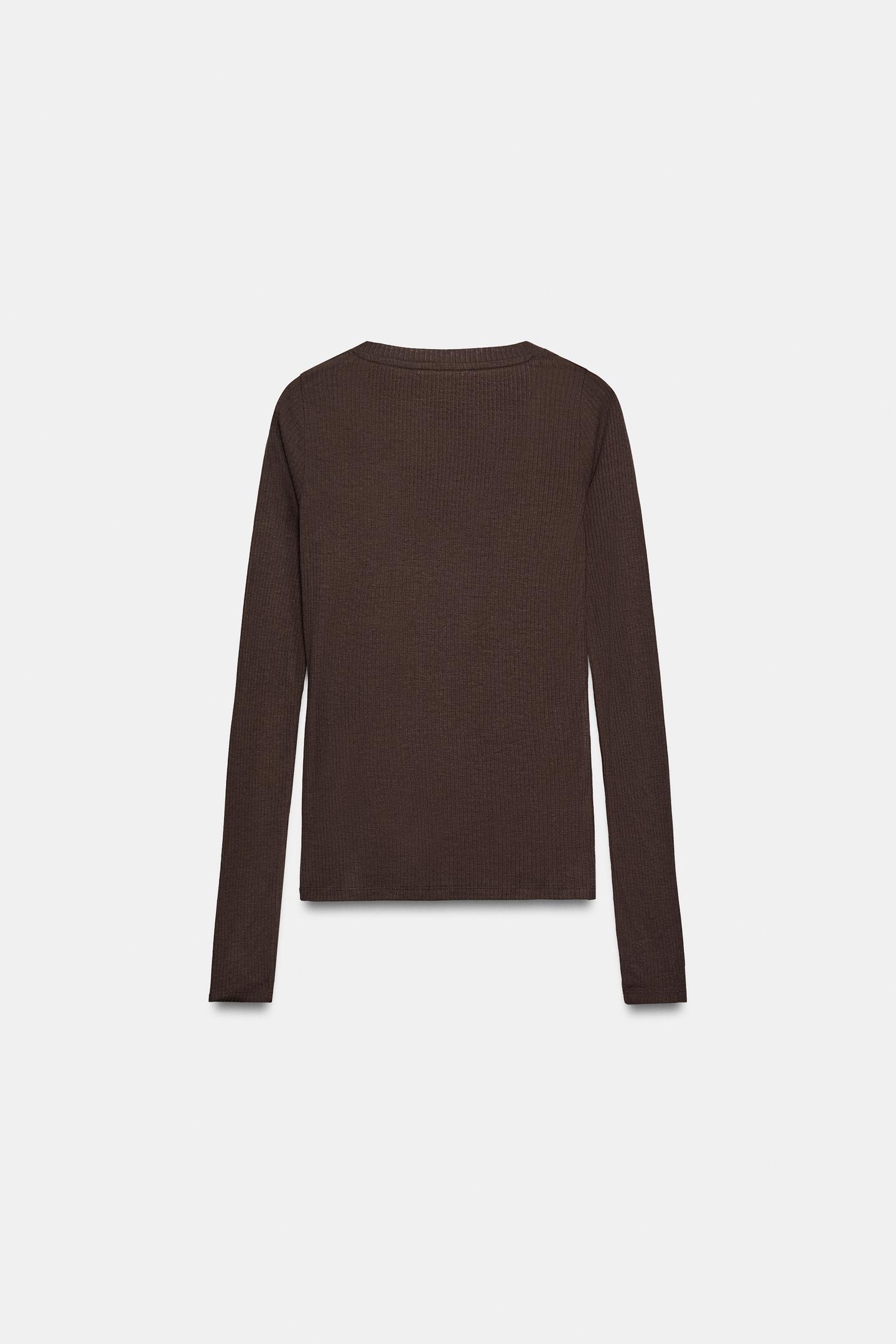 Женская футболка Zara Ribbed V-NECK, цвет: Коричневый — фото 6
