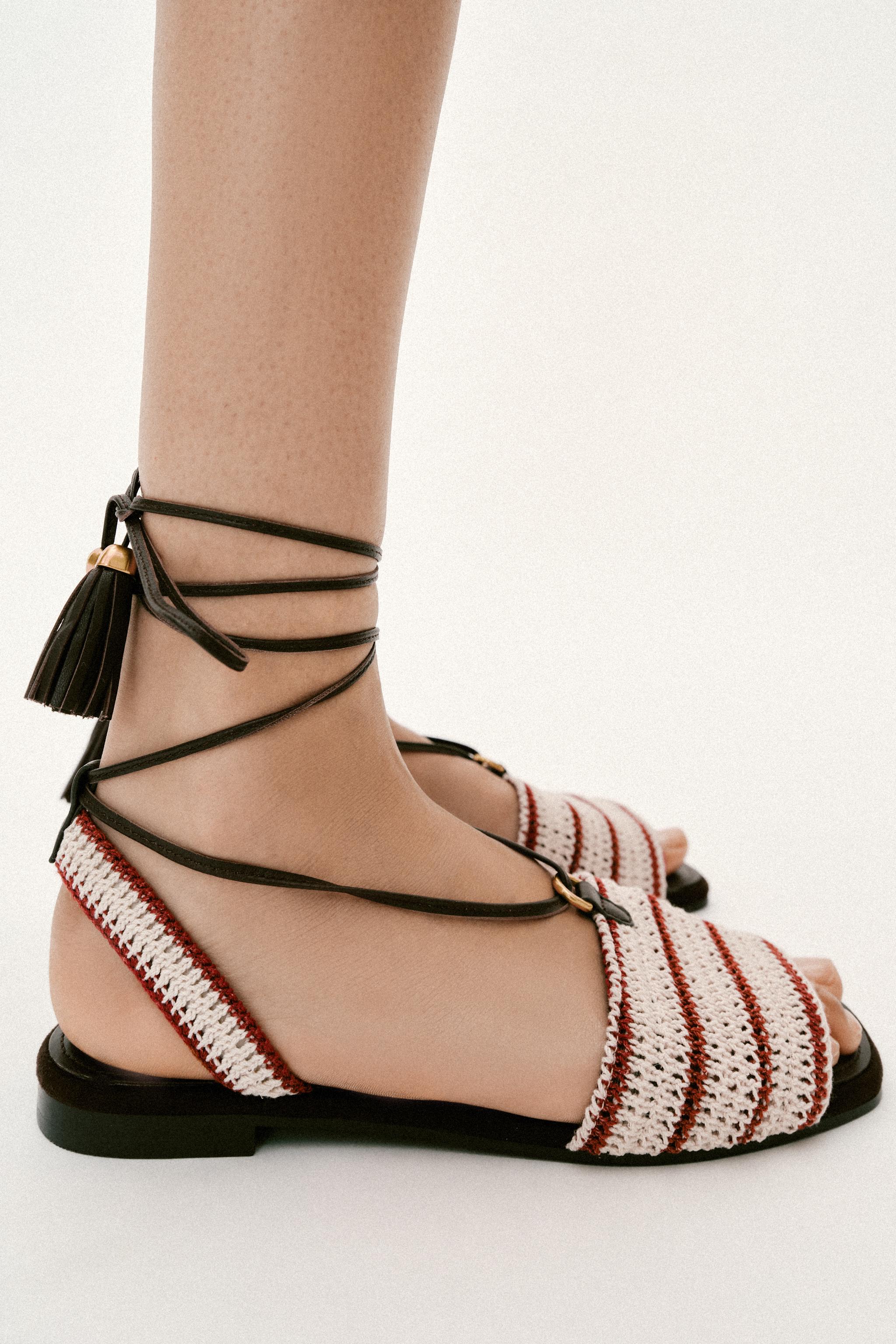 STRIPED FABRIC LACE-UP SANDALS — Multicoloured