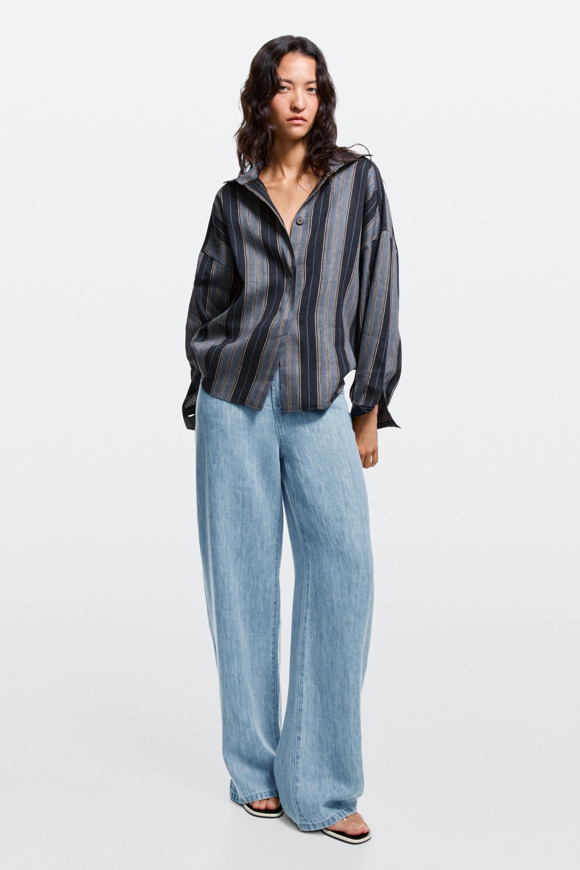 100% linen high-waist barrel fit jeans — Light blue