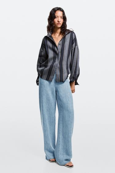 Zara 100% linen high-waist barrel fit jeans - Light blue - Image 0