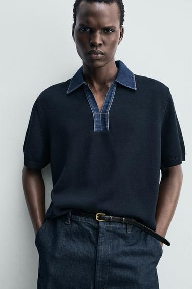 POLO EN MAILLE COL DENIM CONTRASTANT - Bleu marine foncé de Zara - Image 4