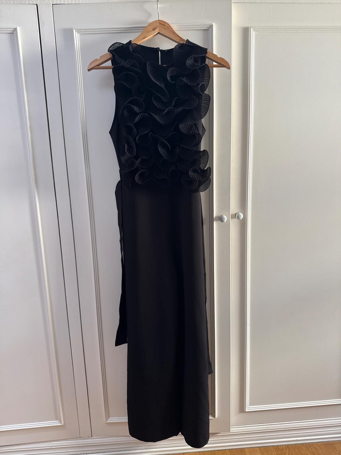 Black jumpsuit with ruffles on the chest hanging on a wooden hanger in front of a white wardrobe.