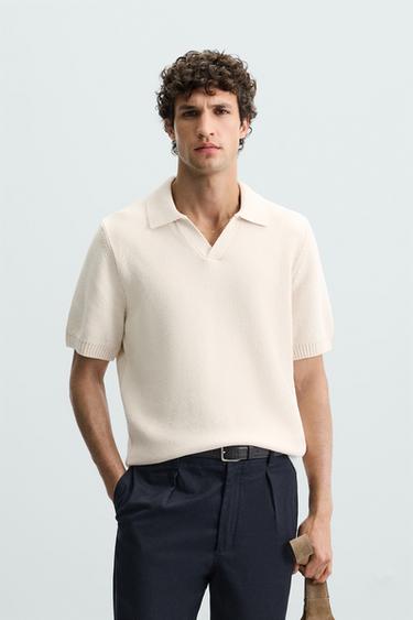 Zara TEXTURED KNIT POLO - Ecru