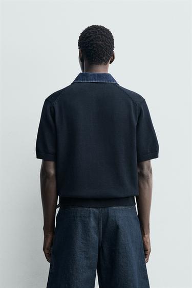 POLO EN MAILLE COL DENIM CONTRASTANT - Bleu marine foncé de Zara - Image 2