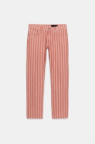 ZW COLLECTION STRIPED MID-WAIST SLIM FIT JEANS - Coral by Zara