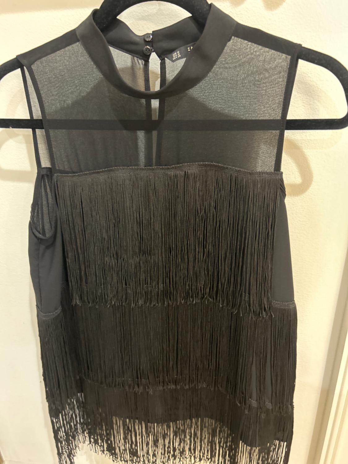 Front view of a black fringed dress with a sheer top buttoned at the back.