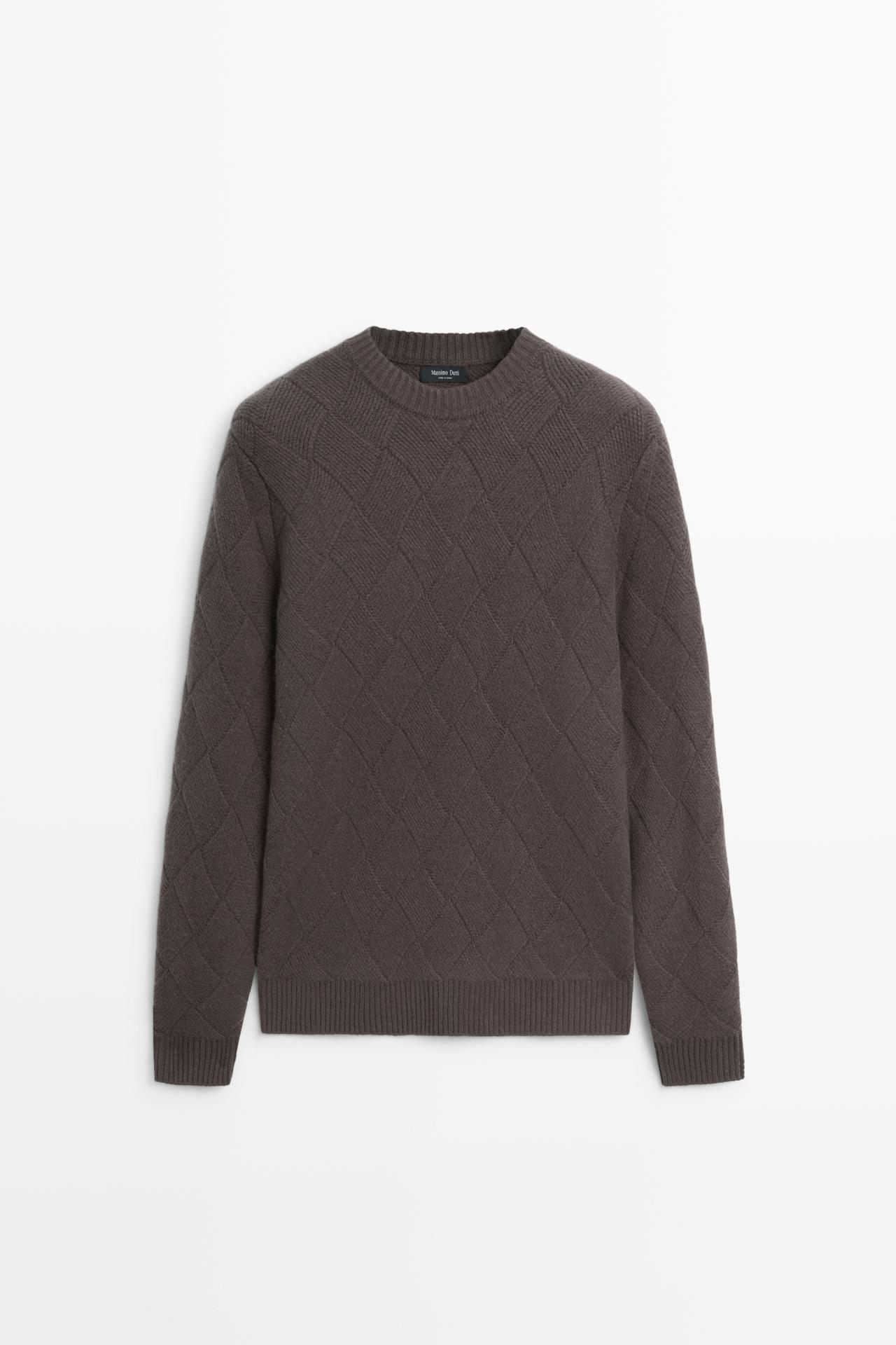 Wool blend knit sweater with diamond texture — Light whiskey