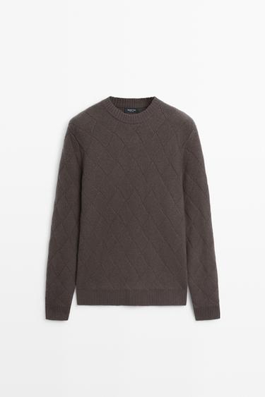Wool blend knit sweater with diamond texture — Light whiskey 1