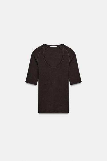 RIB RAGLAN T-SHIRT - Chocolate by Zara