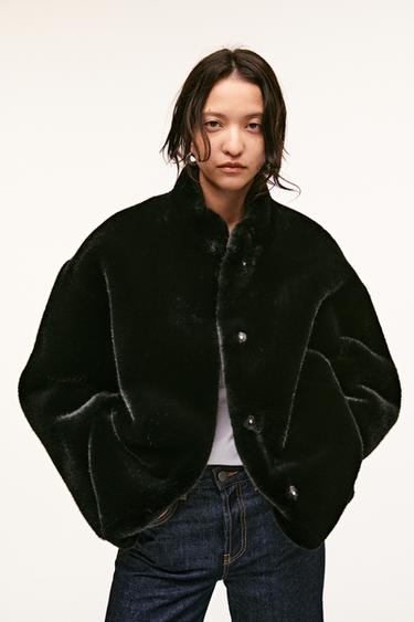 Zara FAUX FUR BOMBER ZW COLLECTION - Black