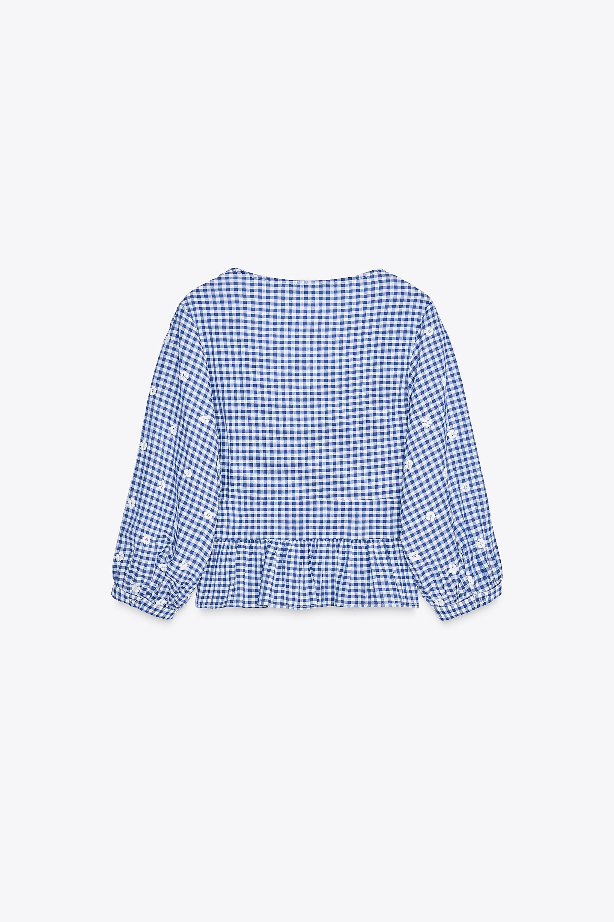 刺繍入りギンガムチェック柄トップス - 青色/白色 | ZARA Japan